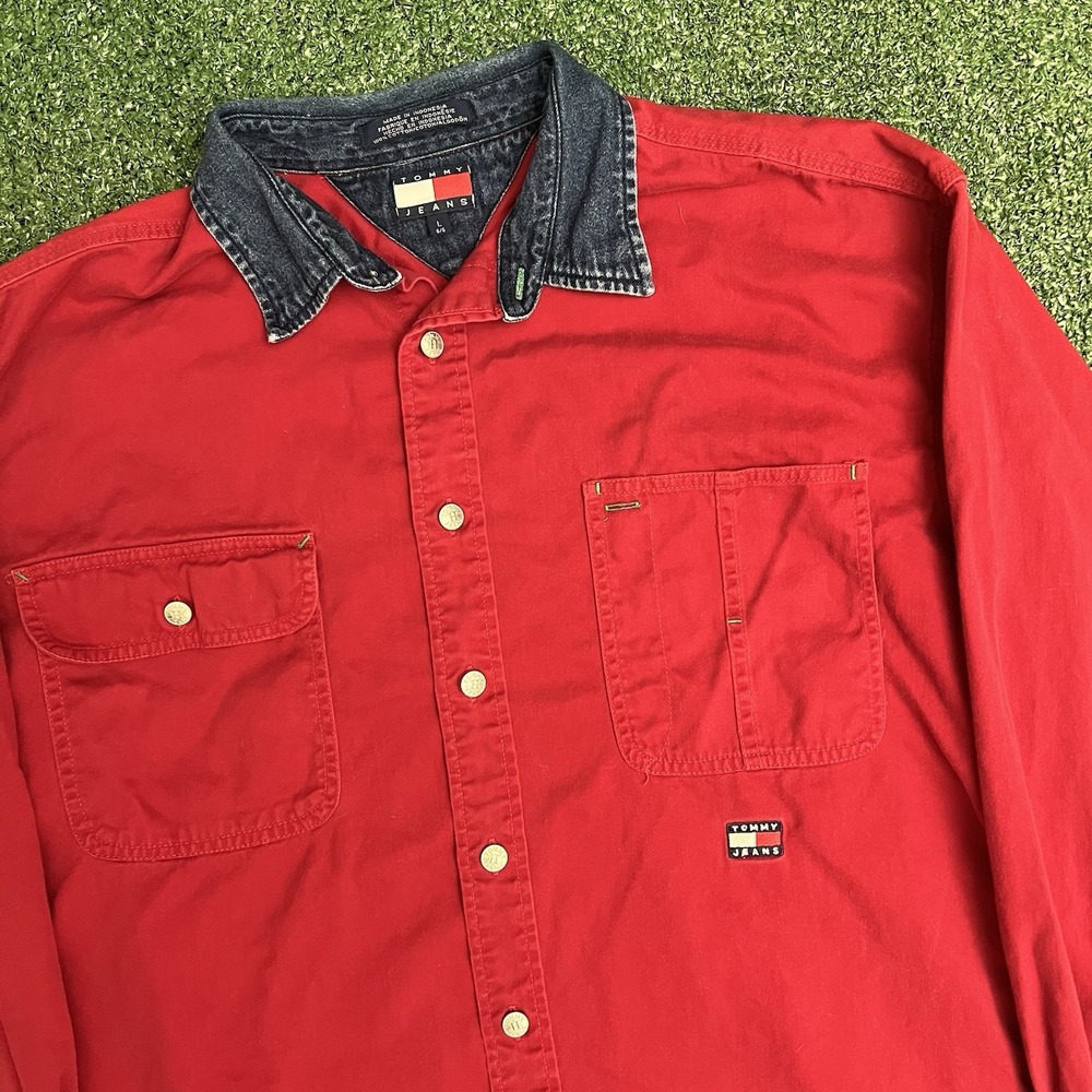 Tommy Hilfiger Vintage 90s Y2K Mens Red w/ Denim Collar Button Down Shirt Size L